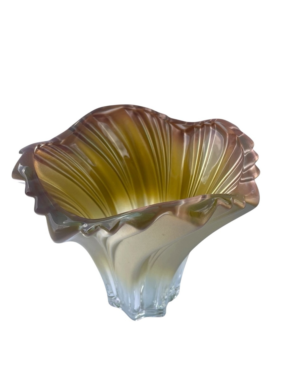 Scalloped Ruffled Champagne Gold Art Glass Vase